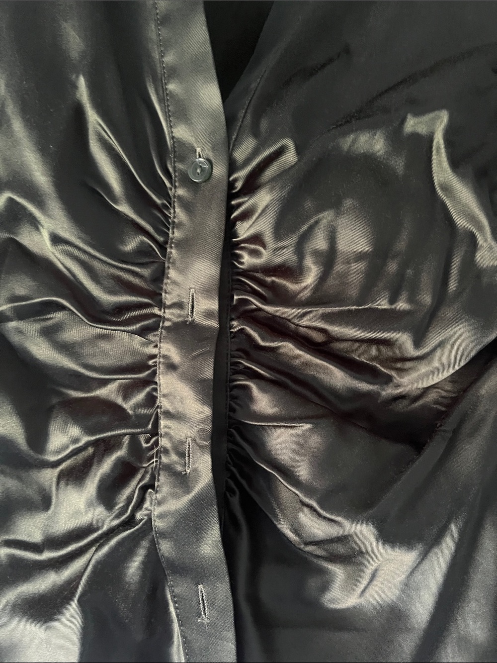 Zara Olive Satin Ruched Button-Front Shirt - Picture 3 of 13